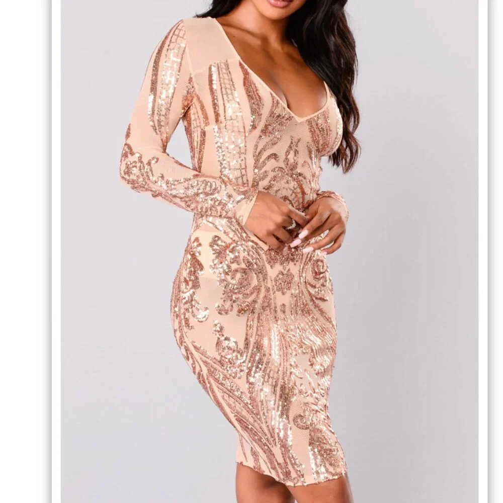 NWT Fashion Nova Nude / Rose Gold Miss Fortune Sequin Dress XS